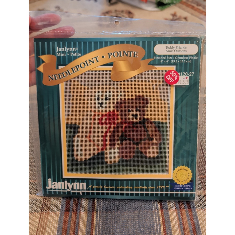 New Vintage Needlepoint Kit Janlynn Teddy Friends # 120-27 Finished Size 6 X 6"